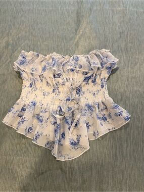 Steve Madden White and Blue Floral Off-Shoulder Smocked Camisole